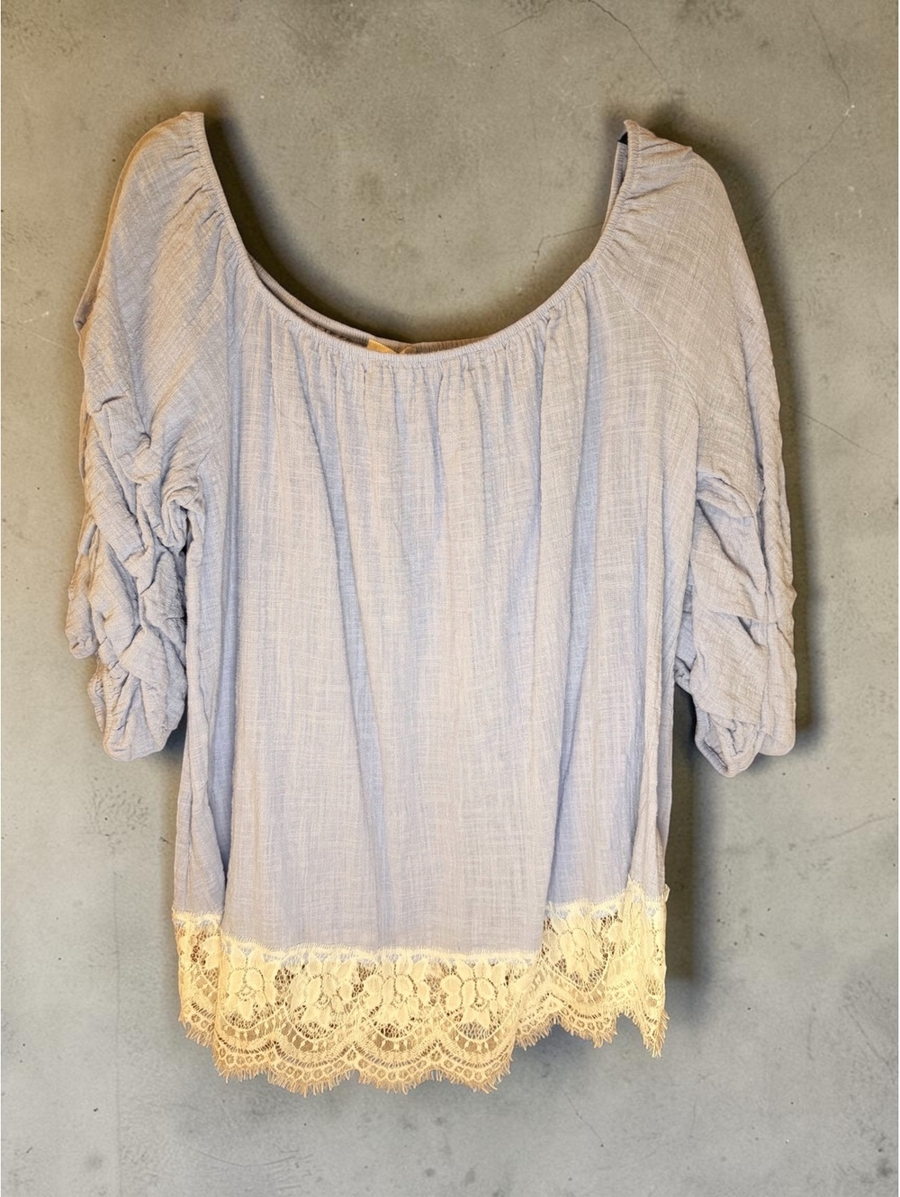Light Blue Boho Blouse with Lace Trim and Ruched Sleeves, Size 1X